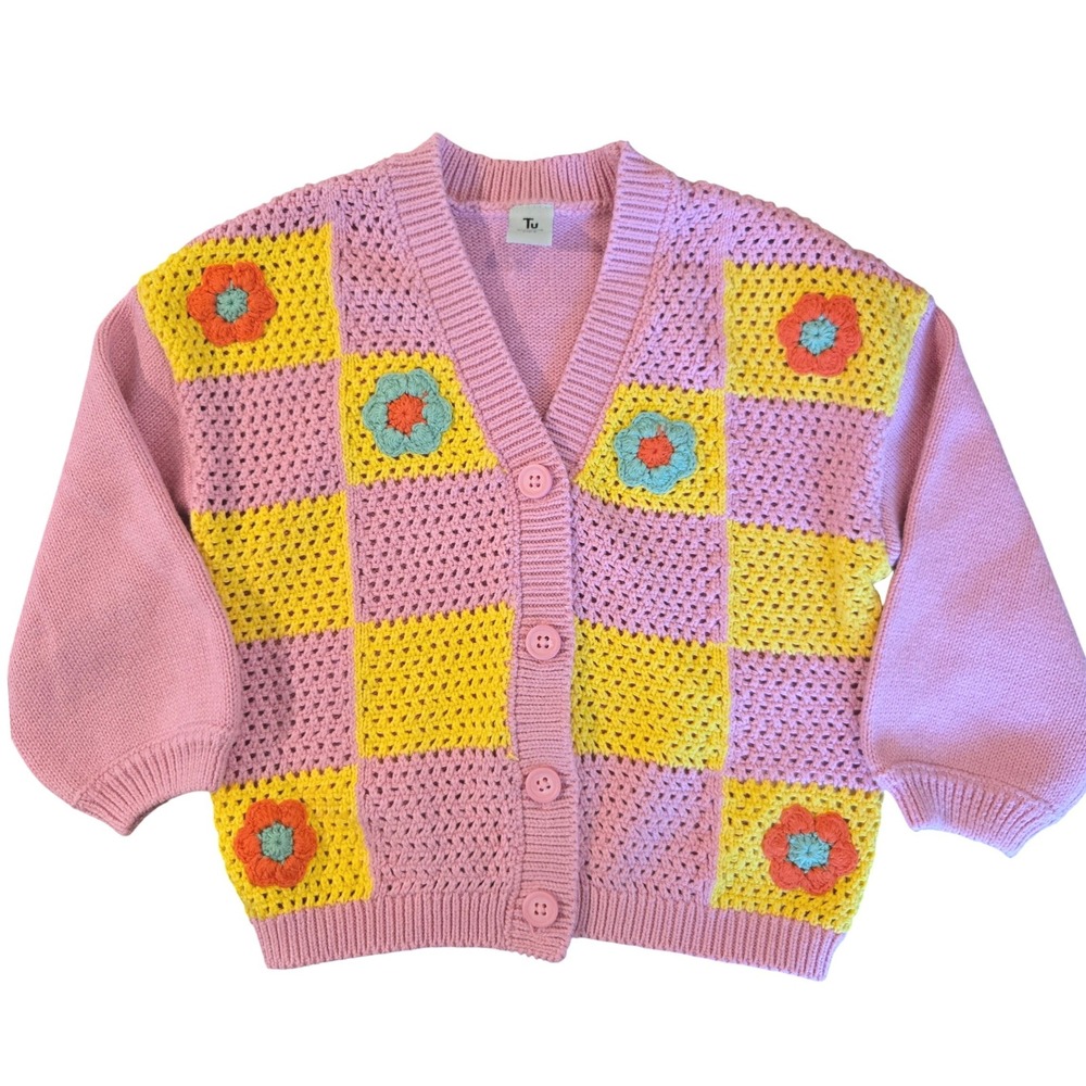 Tu Kids Pink Yellow Crochet Floral Checkerboard‎ Cardigan Sweater 3 Years 98cm